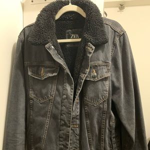 Zara Black Sherpa Collar Demin Jacket